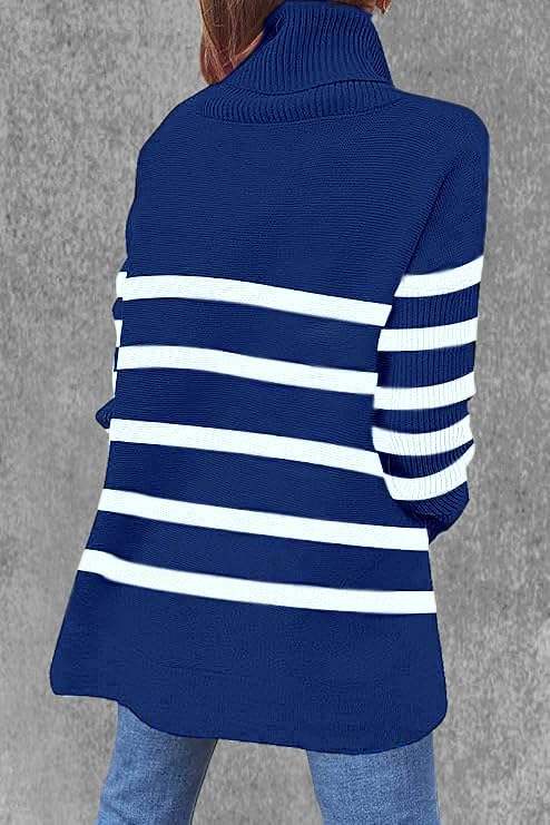 Image of Women's Turtleneck Oversized Sweaters Long Sleeve Split Hem Striped Knit Pullover Tops