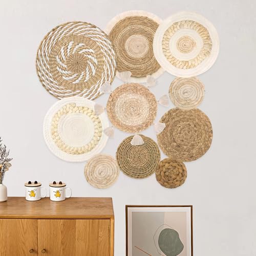 DecorDwell Boho Wandkorb Rattan Wall Decor Flach Rund Gewebte Wandkorbdekoration Wasserhyazinthe Maisschale Handgemachte Makramee Hängende gewebte Körbe für Wohn- Schlaf- Esszimmer, Büro (10er-Pack)