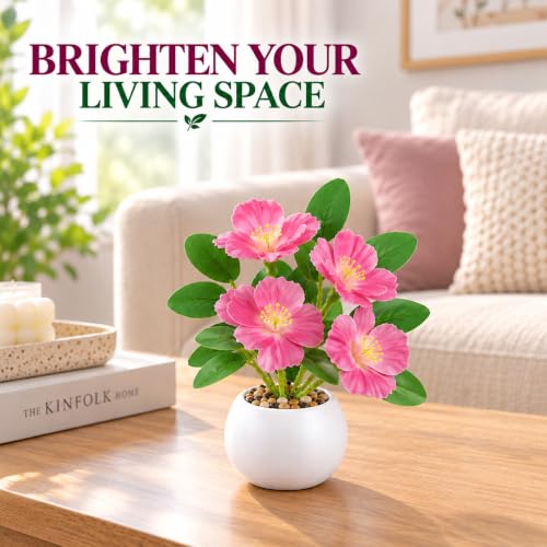Image of CURATED CART Artificial Flowers with Pot & Decorative Pebbles for Home Decor, Small Size Faux Flowering Artificial Plants for Living Room Decor, Fake Flower vase for Bedroom, Office & Table Decor