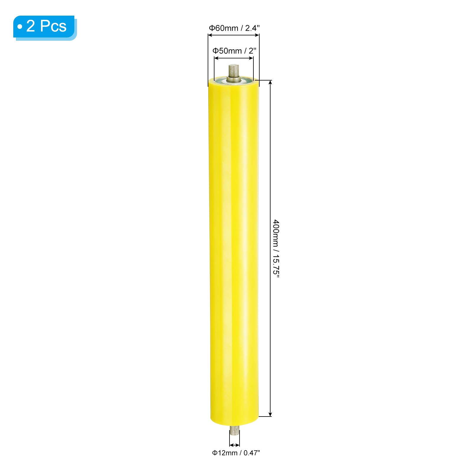 PATIKIL Transportador Poliuretano Recubierto Rodillo 4" Diámetro 16" Longitud, 2 Paquete Inoxidable Acero Transmisión Reemplazo Parte Galvanizado Extremo, Amarillo