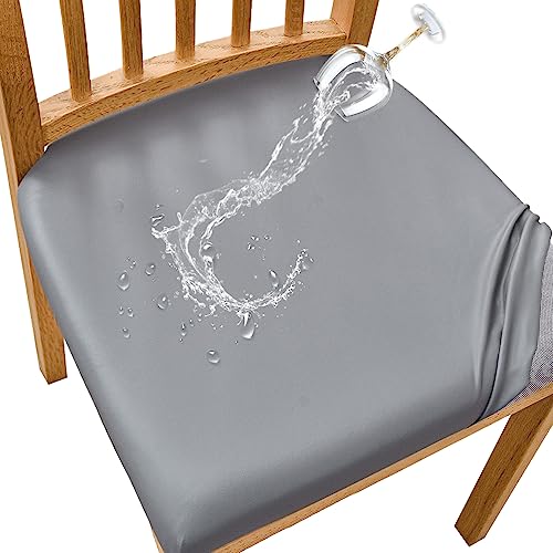 Image of SearchI Waterproof PU Leather Seat Covers for Dining Chairs, 4 Pack Stretch Dining Room Chair Seat Covers, Kitchen Chair Seat Covers Protectors (Grayish)