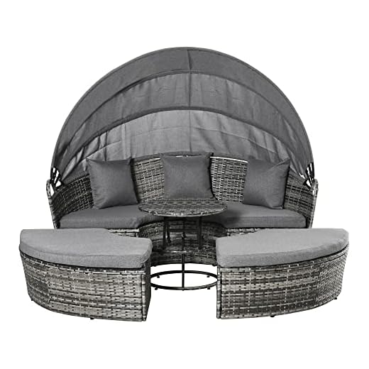 Outsunny 4pc Rattan Patio Furniture Set, Round Convertible Daybed or Sunbed, Adjustable Sun Canopy, Sectional Outdoor Sofa, 2 Chairs, Extending Tea Table, 3 Pillows, PE Plastic Wicker, Gray
