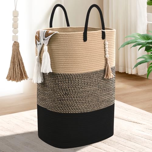 Woven Laundry Basket for Clothes, 50 L Large Rectangle Laundry Hampers with Beads Tassel, Nursery Storage Basket for Toys, Tall Dirty Clothes Hamper for Bedroom Aesthetic, Laundry Room Organization by WENMER - Used condition - US$23.72