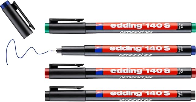 edding 140 S permanent pen - set of 4 - multi-coloured - round nib 0.3 mm - pen for writing on glass, plastic, foils and smooth surfaces - permanent, quick-drying, smudge-proof and waterproof