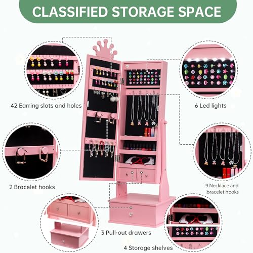 Garvee Kids Jewelry Cabinet with Full-Length Mirror, Freestand Mirror with Storage Drawers, Kids Vanity Dress Up Mirror with Jewelry Organizer, 46" Jewelry Armoire for Bithday/Christmas(Pink)