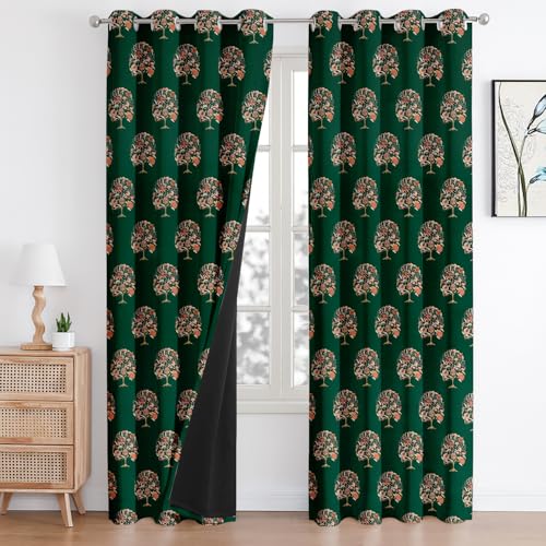 Image of Cloth Fusion Printed 100% Blackout Door Curtains 7 Feet Long Set of 2, Room Darkening Parda with Stainless Steel Grommets for Home Decor (7x4.5 Feet, Green Trees)