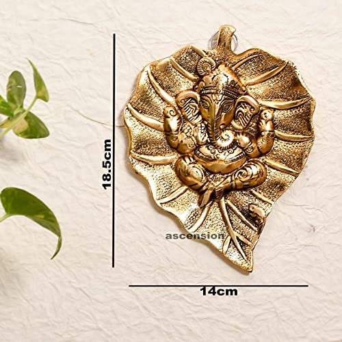 Image of ascension Ganpati Metal Green Lord Leaf Ganesh Idol Patta Statue Decorative Wall Hanging Showpiece Figurine (Golden) (Big)