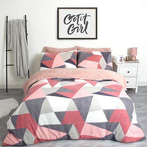 Dreamscene Shapes Thermal Teddy Fleece Duvet Cover with Pillowcase Soft Warm Fluffy Bedding Set Bedspread Duvet Cover Blush Pink / White - 3pcs King