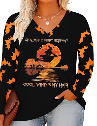 Women Plus Size Halloween Shirts Sanderson Sisters Shirt Long Sleeve Hocus Pocus Halloween V Neck Blouse Tee Tops (P17,2XL)