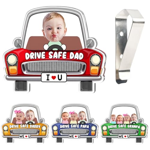 Personalized Drive Safe Daddy Car Visor Clip with Kids Photos Custom Acrylic Sun Visor Clip for Dads Vehicle Rearview Mirror Ornament Gift from Children for Birthday Fathers Day