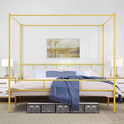 Yitahome King Size Bed Frame, Metal Canopy Four Poster Bed Frame With Built-In Headboard Strong Metal Slat Mattress Support, No Box Spring Needed, Gold #TOP3
