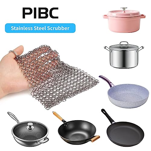 PIBC Cast Iron Cleaner 8"x6" 316L Stainless Steel Chainmail Scrubber for Griddle Skillet Dutch Oven Wok Stainless Steel Pot Cast Iron Pan