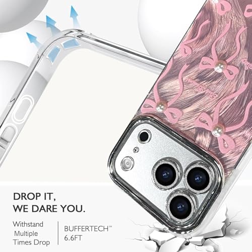 Image of VONZEE Compatible with iPhone 17 Pro / 18 Pro Case Luxury Pink Girly Cute 3D Bow Pearl Glitter Bling Case with Full Camera Protection Shockproof PC+TPU Glossy Shiny Cover for Girls Women, Pink