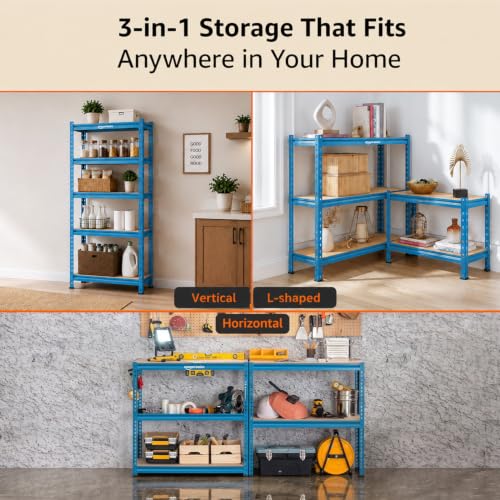 Image of Amazon Basics 5-Tier Storage Rack | Bolt-Free Assembly | Metal Stand & Thick MDF Board | 175kg Capacity Per Shelf | 63H x 24W x 12D inch Adjustable Shelf Rack for Home, Garage & Shop | Blue