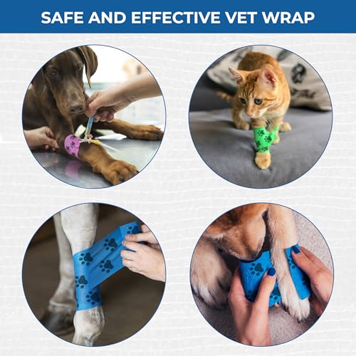 Image of Self Adhesive Bandage Wrap - Pack of 12 Assorted Colors, Breathable & Water-Resistant Vet Wrap for First Aid, Sports Injury, Body Sprains, & Pets (2 Inch Paw Print Multicolor - 09 Pack)
