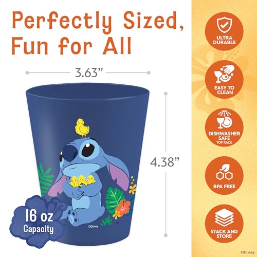 Image of Disney Stitch Plastic Drinking Glasses, Dishwasher Safe, 4-Pack | 16 oz, unbreakable, reusable, BPA-free, stackable to save space, great for water, juice, and family meals