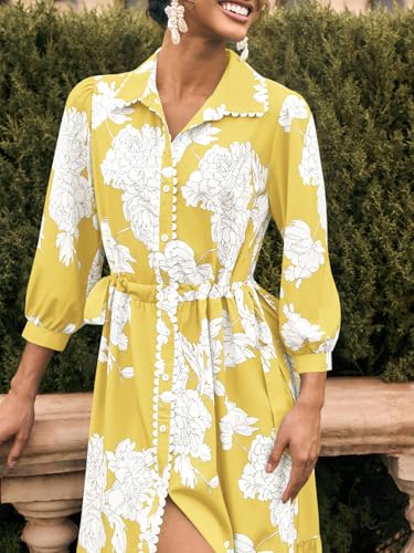 Image of Wenrine Womens Maxi Shirt Dress Floral Long Sleeve Button Down Boho Dresses | 3 /4 sleeve, collared, button, flower, drawstring waist, long bohemian dress,casual fall dresses