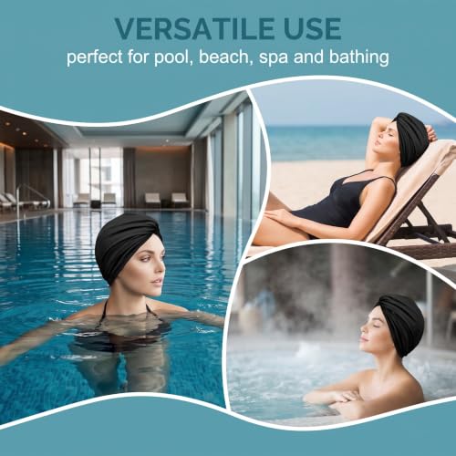 DBCEJF Bonnet de Bain Femme Turban Plissé, Bonnet de Piscine Rétro pour Cheveux Longs et Courts, Bonnet de Natation en Tissu Élastique avec Protection des Oreilles, Noir – vue 5