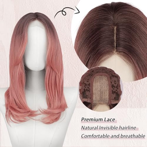 Image of FESHFEN Lace Front Hairline Wigs with Bangs, Synthetic Natural Looking Long Layered Straight Hair Wig for Women Daily Party Costume, 18 inch Ombre Pink