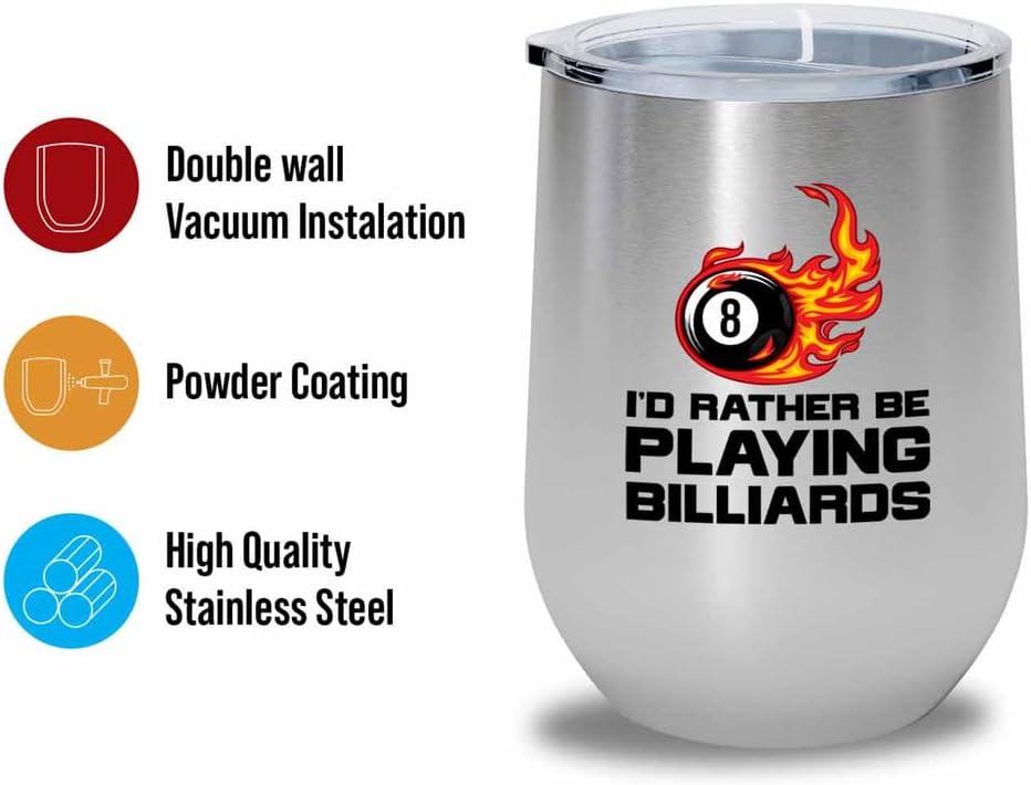 Billiards Player Silver Wine Tumbler 12oz - playing billiards - Pool Player Gifts Table Rail Balls Chalk Cue Sticks