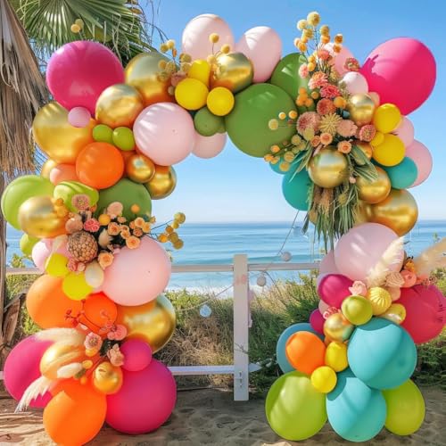 Image of Tropical Balloons Arch Pink Green Orange Gold Balloons Pastel Yellow Teal Balloon Garland For Flamingo Beach Hawaiian Luau Aloha Summer Birthday Baby Shower Party Decorations