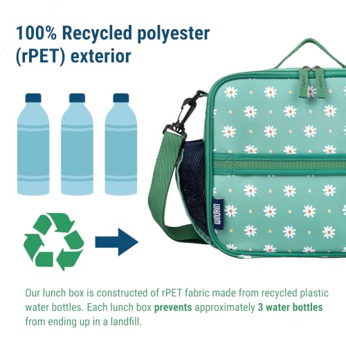 Image of Wildkin ECO rPET Insulated Lunch Box for Kids, Daisy | 11 x 9.5 x 3.5 in insulated rPET lunch box with bottle pocket, interior mesh pocket and removable shoulder strap.