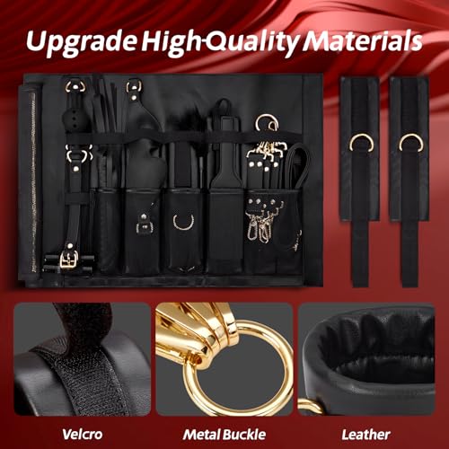 Image of Sex Bondage Restraints Kit BDSM - 21PCS Leather Handcuffs Ankle Cuffs Furniture Restraint Accessories with Storage Bag Adult Sex Toys for Men Women Couples Foreplay | Black | Leather Handcuffs, Ankle Cuffs, Furniture Restraint Accessories, Storage Bag Included, Used For Men Women Couples