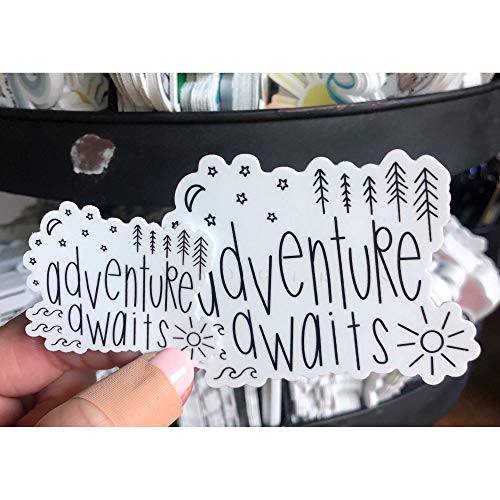 Adventure Awaits Sticker With Waves, Sunshine, Mountains, Moon & Stars | Aesthetic, Travel, Wanderlust | Waterproof Vinyl Decals For A Hydro Flask, Laptop, Water Bottle Etc #TOP1