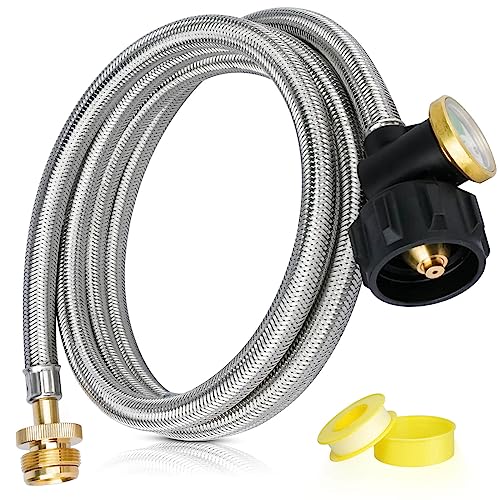 Aekops 6 FT Propane Hose Adapter 1lb to 20lb Converter with Gauge, Stainless Steel Braided Buddy Heater Propane Hose Compatible with Portable Heaters, Tabletop Griddle, Coleman Stoves, Weber Q Grills