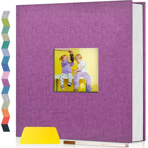 Image of Popotop Photo Album Self Adhesive with Picture Display Window,40 Pages DIY Scrapbooking Supplies Kit for 4x6 8x10 Picture,Linen Cover Memory Book for Baby Wedding, with Scraper and Metallic Pen