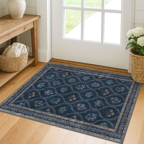 KILOCOCO 2x3 Small Area Rug, Moroccan Super Soft Entryway Rugs Indoor Vintage Washable Rug Non-Slip Indoor Door Mat, Accent Print Faux Wool Throw Rug for Laundry Kitchen Bedroom Entrance, Navy Blue