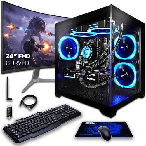 Image of SAAV Drex Prebuilt Gaming PC Bundle Desktop Tower Intel Core i7-12700KF Radeon RX 9060 XT 8GB GDDR6 Curved 24in Monitor 32GB DDR4 1TB NVMe SSD WiFi 6 Windows 11 Black RGB Computer PC Gaming