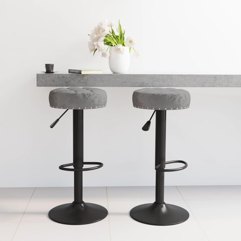 Lot de 2 tabourets de bar rembourrés en velours gris foncé, réglables en hauteur avec repose-pieds, pivotant à 360 degrés, cadre en acier revêtu par pulvérisation, idéal pour cuisine, salle à