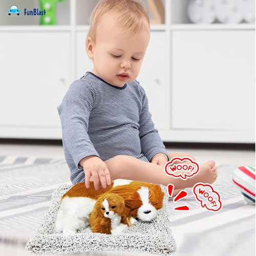 Image of FunBlast Sleeping Cute Dog with Puppy - Realistic Soft & Lifelike Pet Puppy with Bed for Car Dashboard and Home Decor, Sleeping Dog Soft Toy (Brown-White)