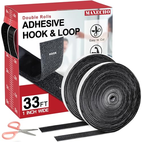 Image of MAXECHO 33Ft x 1 Inch Hook and Loop Tape with Adhesive Backing, Heavy Duty Double Sided Adhesive Strips, Strong Sticky Strips Rolls for Home, Office, School, Car, and Crafting Projects, Black