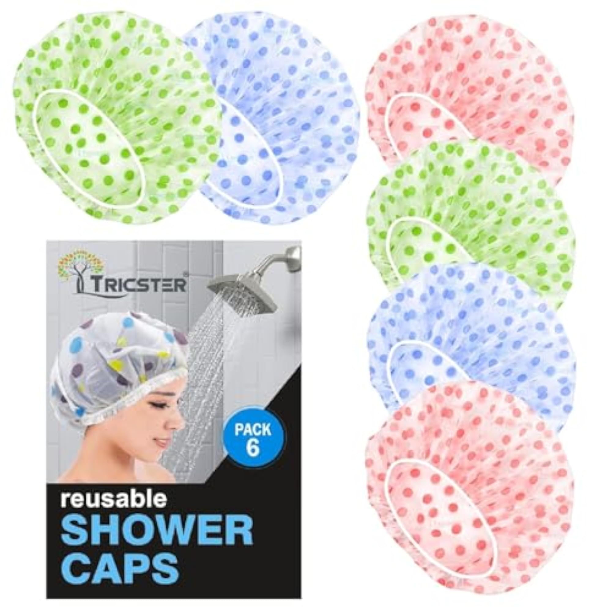Shower Cap Set of 6, Reusable Waterproof Elastic Bath Caps