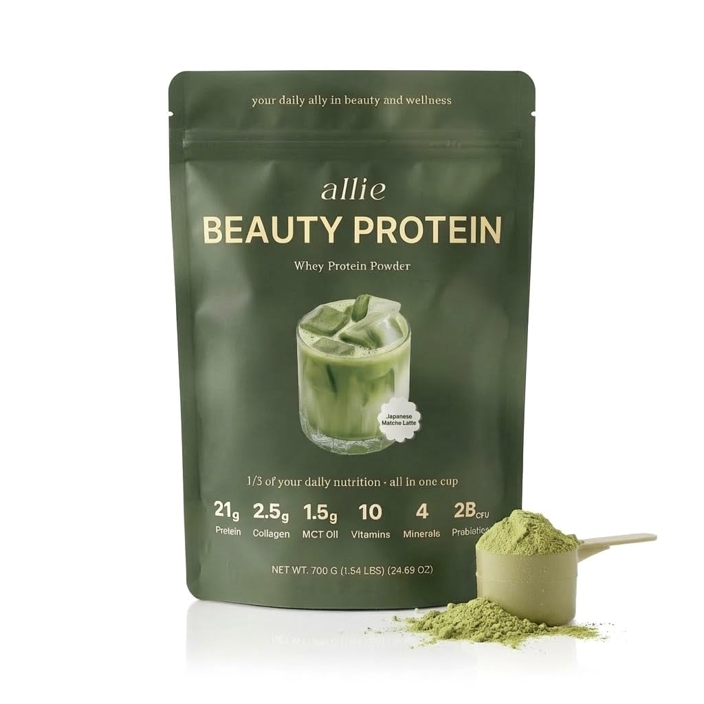 Japanese Matcha Latte Protein Powder for Women | All-in-One Beauty Protein | Collagen, Probiotics & MCT Oil | Supports Hair, Skin & Nails | 10 Vitamins & 4 Minerals | Meal Replacement | 20 Servings | Allie Beauty Protein
