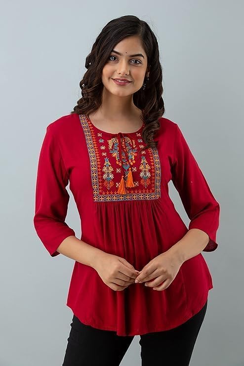 Image of Avayayat Short Kurti for Women | Embroidered Straight Rayon Kurta | Round Neck Full Sleeves Short Kurti for Women's