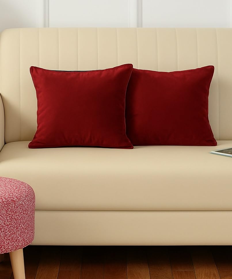 Stuffique Velvet Pillow Solid Plain 190 TC Cushion Covers Pack of 2 (12 X 12 Inch) Red