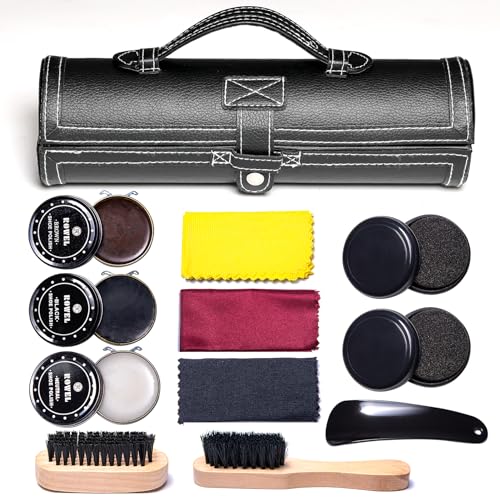 YUET Kit Lustrascarpe con Elegante Custodia in Pelle PU, kit Spazzola Lustrascarpe da Viaggio in 12 pezzi, Scarpe Spazzola, Borsa Portaoggetti,Kit di Manutenzione e Pulizia