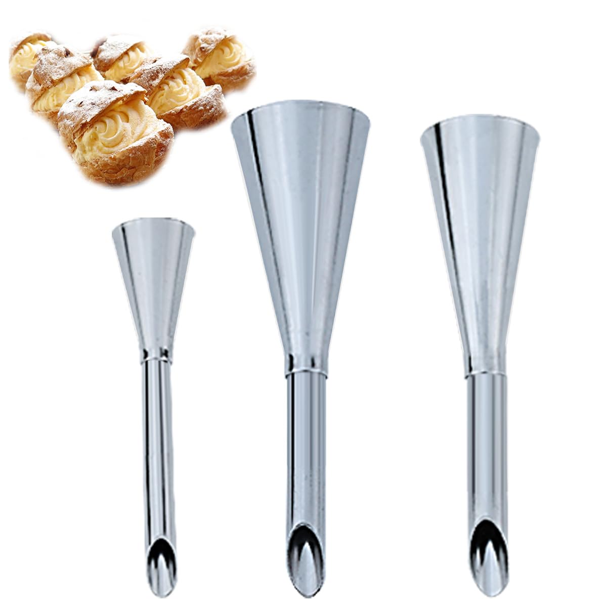 3 Pcs Silver Stainless Steel Cream Icing Piping Nozzle Tips Long Puff Nozzles Decorating Tools Multipurpose Pastry Piping for Cupcakes, Filling Donuts and Other Pastries
