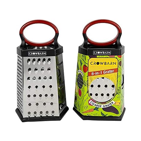 Crowbarn 6 Sided Grater with Handle, Kitchen Slicer, Lemon Zester, Fine Coarse Hexagon Stainless Steel with Non-Slip Base - Cheese & Vegetables (Red) Cover