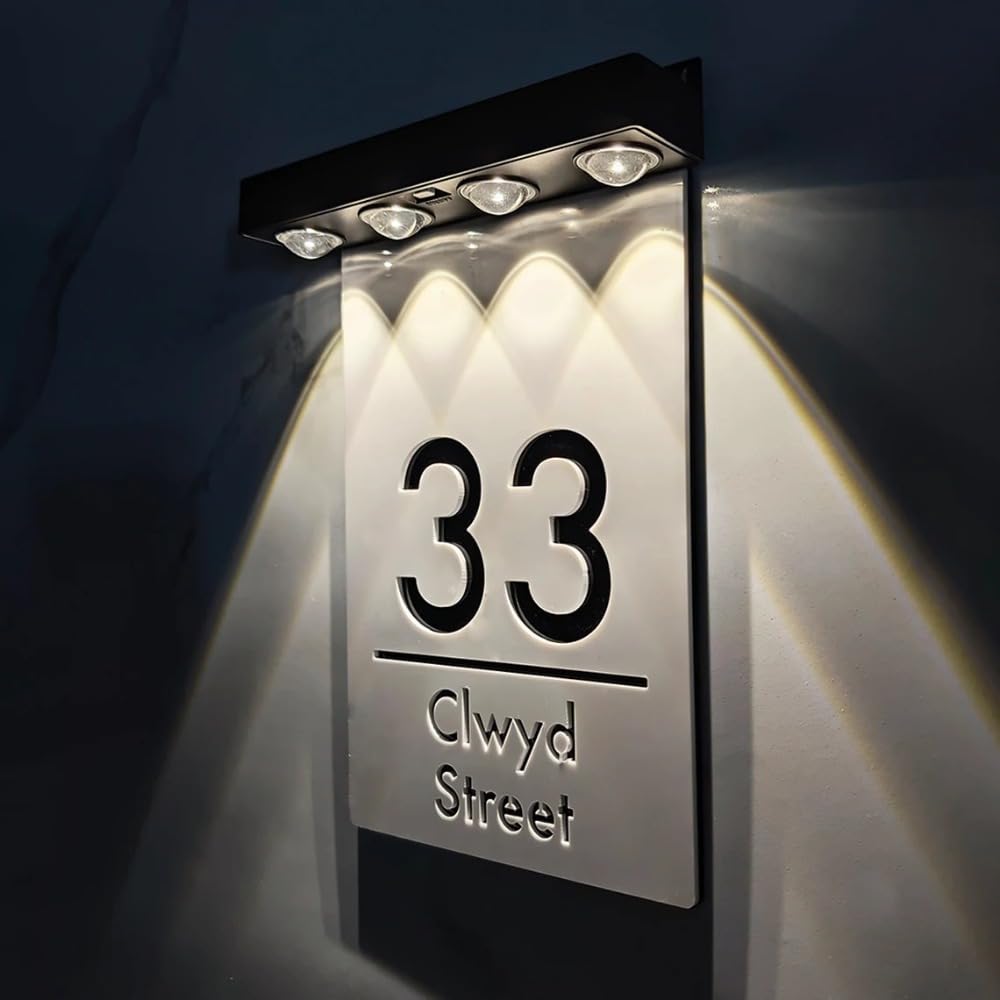 Personalisiertes Solar-Hausnummernschild, individuelles Solar-Adressschild für Hof, beleuchtetes Adressschild, Outdoor, wasserdicht (22 x 32 cm)