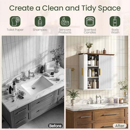 Armario de baño empotrado en pared CHOEZON, armario para medicamentos, armario de baño acanalado con estantes ajustables, armario de almacenamiento de estilo granjero para baño, cocina y lavandería, blanco y nogal miniatura 6