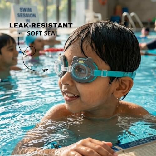 Image of BURNLAB Swimming Goggles for Kids, Clear Vision Pool Goggles for Boys & Girls, Easy Adjustable Strap (Bear)