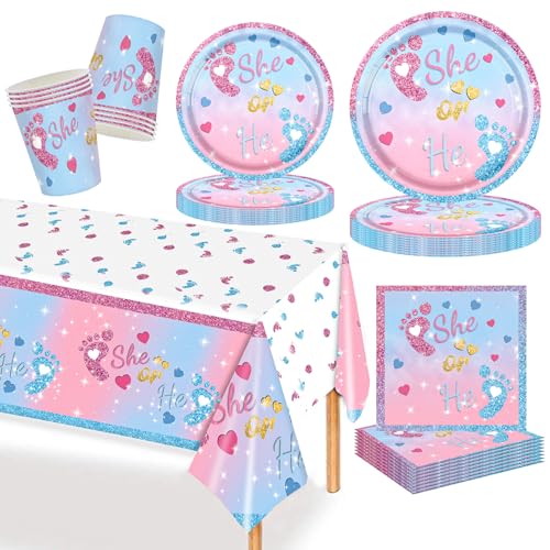 MORAINJAY 69Pcs Baby Gender Reveal Party Decorations,Baby Reveal Birthday Party Tableware Set,Paper Plates,Paper Cups,Napkins,Baby Shower Gender Reveal Party Supplies(16 Guests)