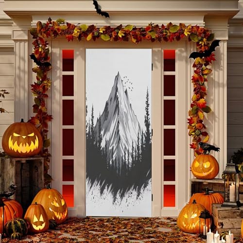 Housse de porte tissu extensible motif montagne foret de 91,4x249,3 cm
