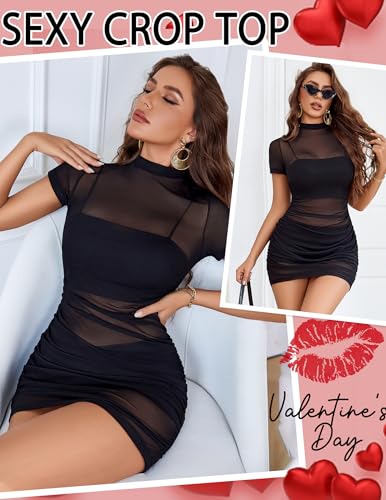 Image of Avidlove Women's Mesh Dress Sheer Lingerie Dresses Mock Neck Party Clubwear | Short Sleeve Mini Bodycon, Sexy Sheer Mesh, Ruched Mini Party Dress, Mock Neck Design, Date Night Club Party Outfit