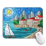 Gaming Mauspad Das In Buntglasmalerei Gemalte Segelboot Von Bay City Computer-Mauspad Waschbar Vernähte Kanten Laptop Schreibunterlage, Für Zuhause, Computer, 25 x 30cm