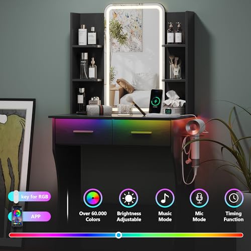 Image of HUANLEGO Small Black Vanity Desk with Mirror and Lights for Women Girls | Vanity Mirror with Lights, 3 Lighting Adjustable, LED Light Strips, Built-in Power Outlet, Compact Dressing Table For Girls